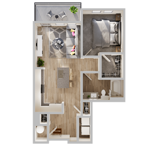 Floor plan for 1 bed, 1 bath, 692 sqft